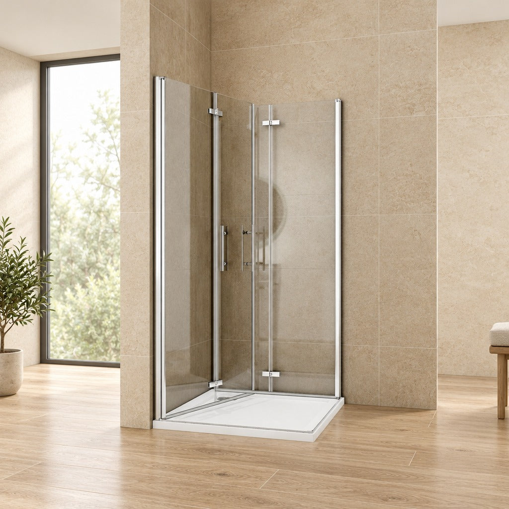 Cabine de douche pivotante-pliante accès d'angle – en situation dans une salle de bain