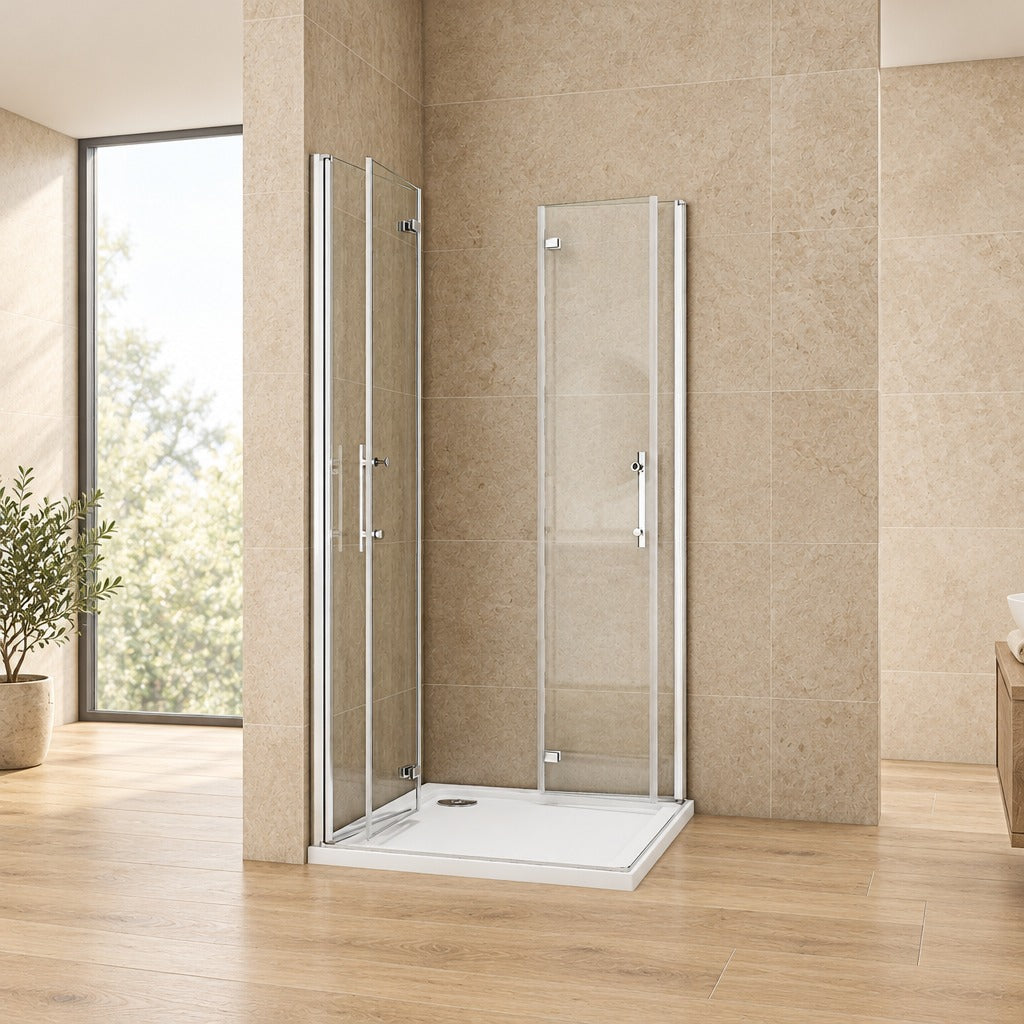 Cabine de douche pivotante-pliante accès d'angle – en situation dans une salle de bain