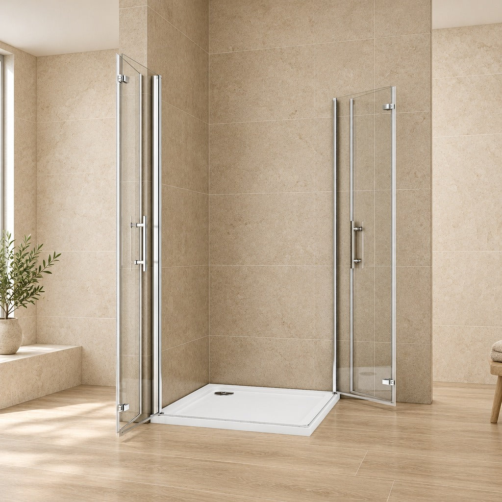 Cabine de douche pivotante-pliante accès d'angle – en situation dans une salle de bain