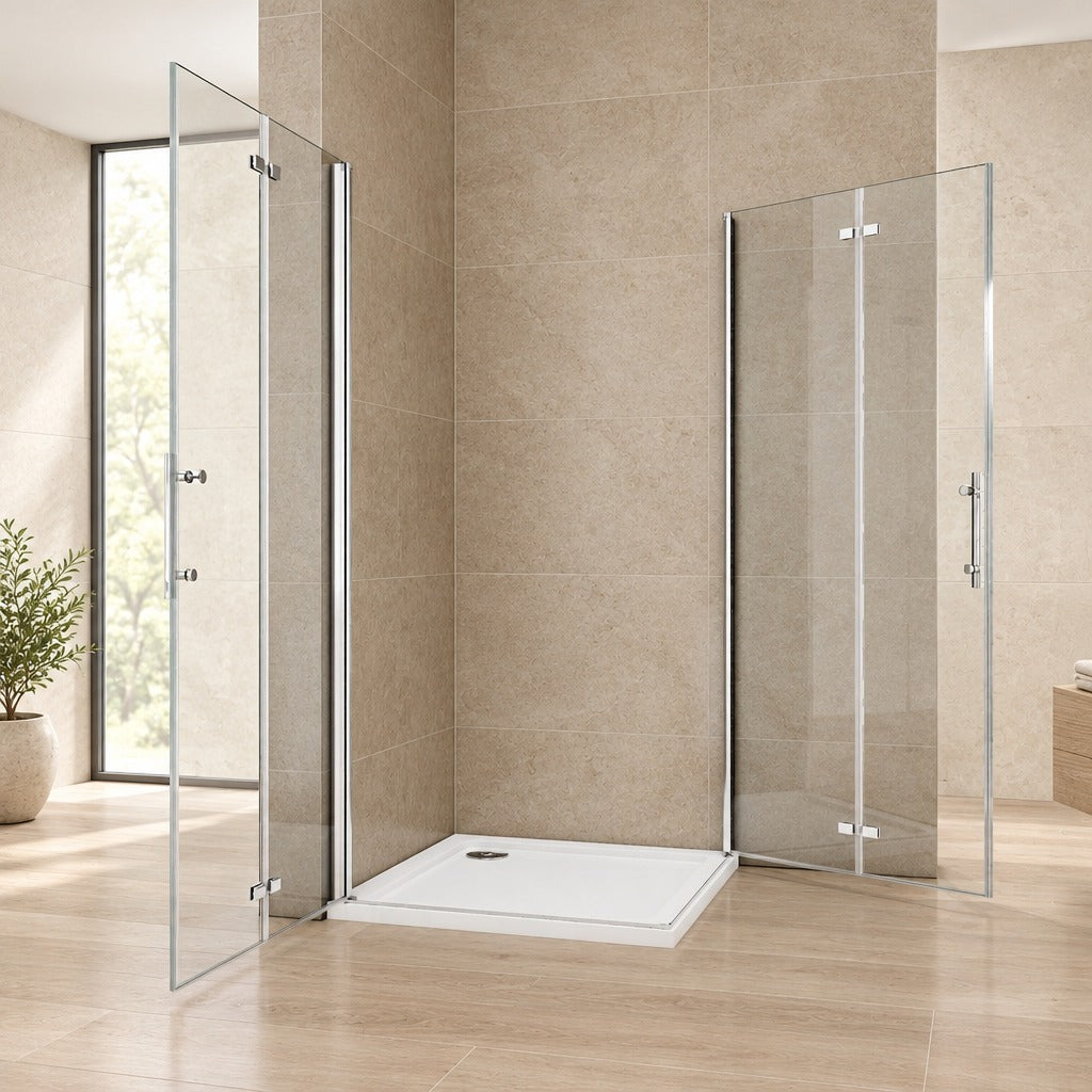 Cabine de douche pivotante-pliante accès d'angle – en situation dans une salle de bain