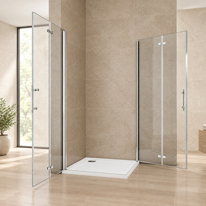 Cabine de douche pivotante-pliante accès d'angle – en situation dans une salle de bain
