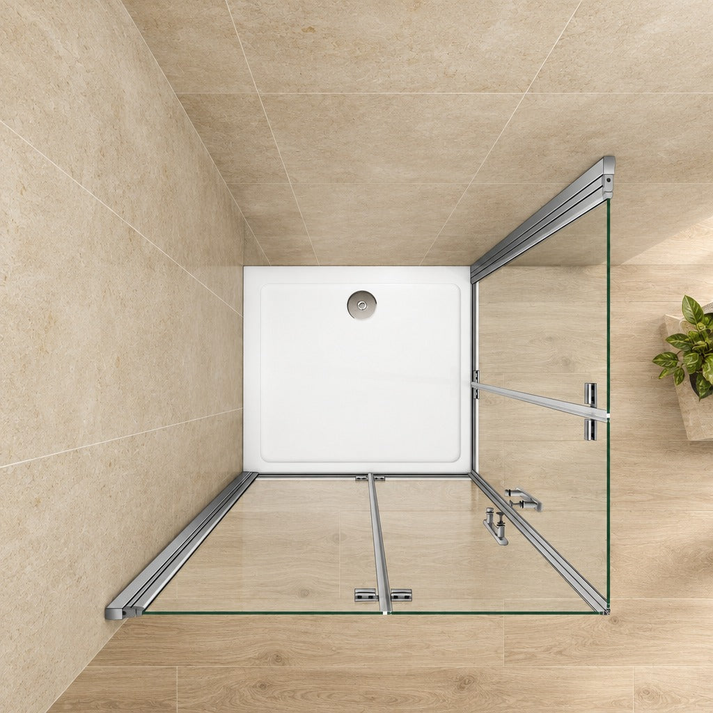 Cabine de douche pivotante-pliante accès d'angle – en situation dans une salle de bain