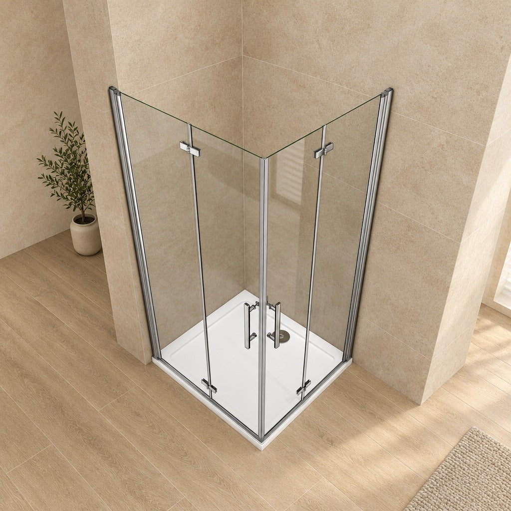 Cabine de douche pivotante-pliante accès d'angle – en situation dans une salle de bain