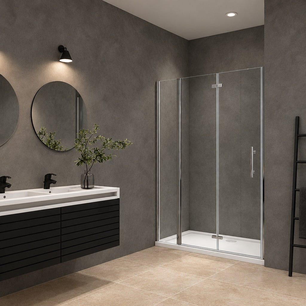 Porte de douche pivotante-pliante avec élément fixe – en situation dans une salle de bain
