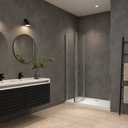 Porte de douche pivotante-pliante avec élément fixe – en situation dans une salle de bain