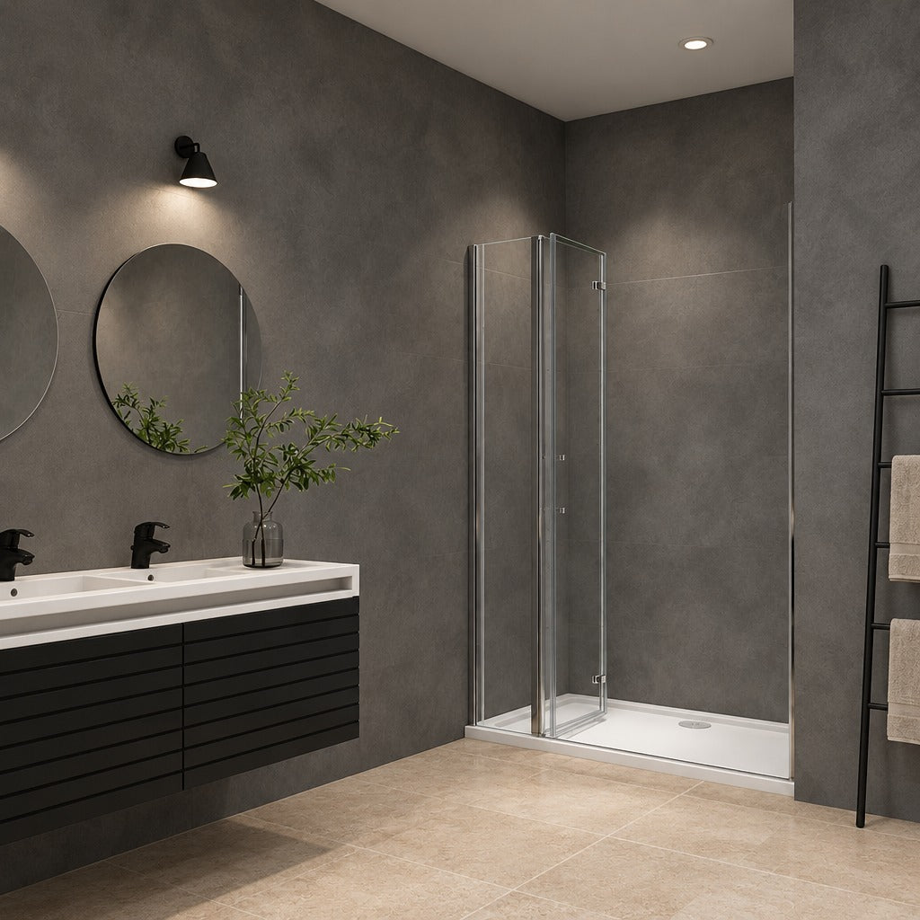 Porte de douche pivotante-pliante avec élément fixe – en situation dans une salle de bain