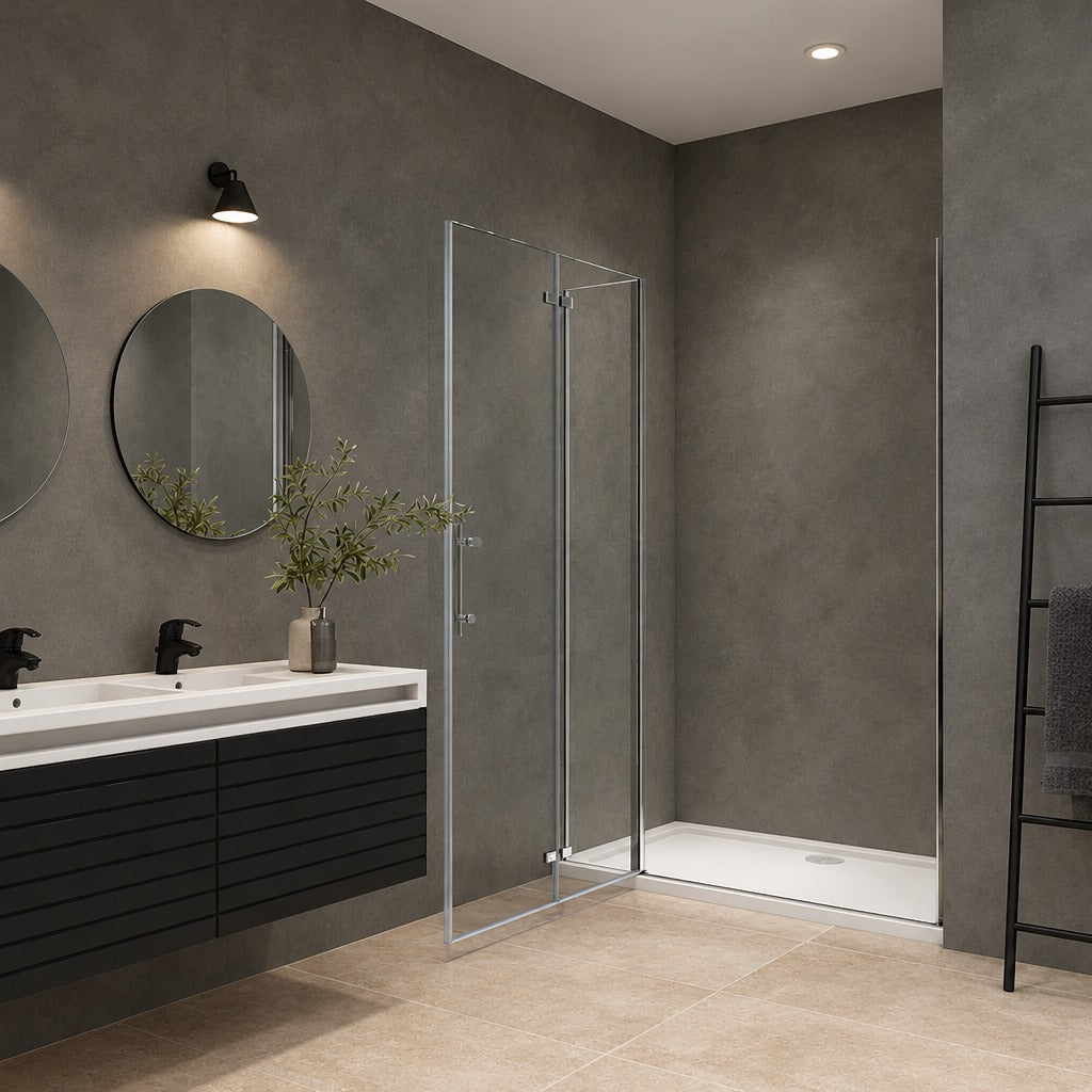 Porte de douche pivotante-pliante avec élément fixe – en situation dans une salle de bain