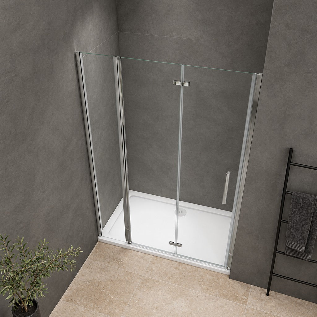 Porte de douche pivotante-pliante avec élément fixe – en situation dans une salle de bain