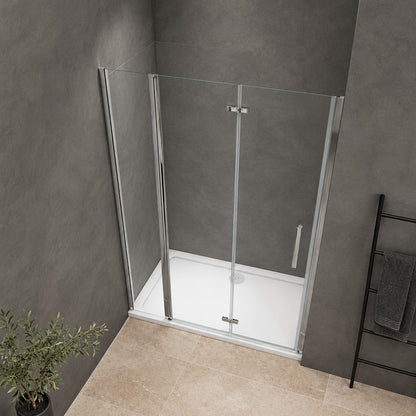 Porte de douche pivotante-pliante avec élément fixe – en situation dans une salle de bain