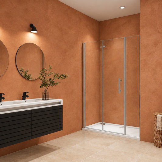 Porte de douche pivotante-pliante avec élément fixe pour niche – en situation dans une salle de bain
