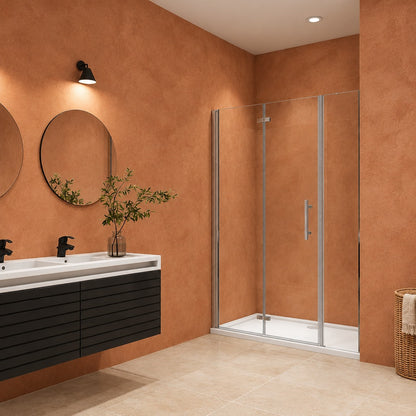 Porte de douche pivotante-pliante avec élément fixe pour niche – en situation dans une salle de bain