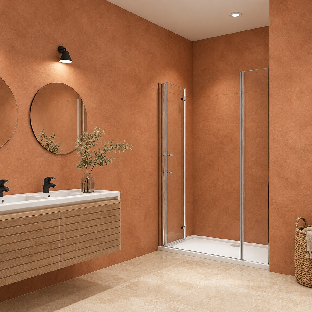 Porte de douche pivotante-pliante avec élément fixe pour niche – en situation dans une salle de bain