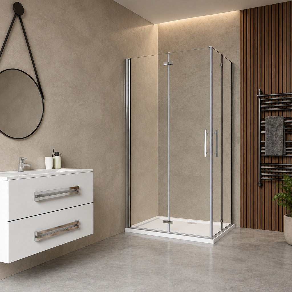 Cabine de douche pliante accès d'angle – en situation dans une salle de bain