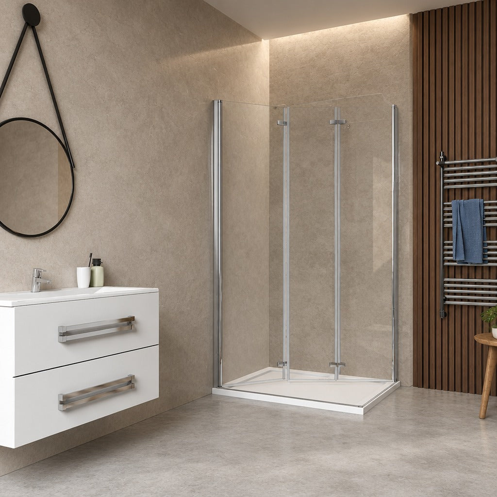 Cabine de douche pliante accès d'angle – en situation dans une salle de bain