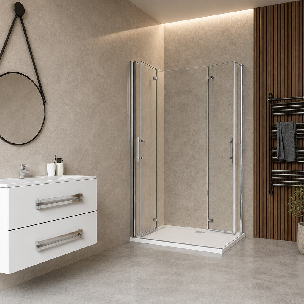 Cabine de douche pliante accès d'angle – en situation dans une salle de bain