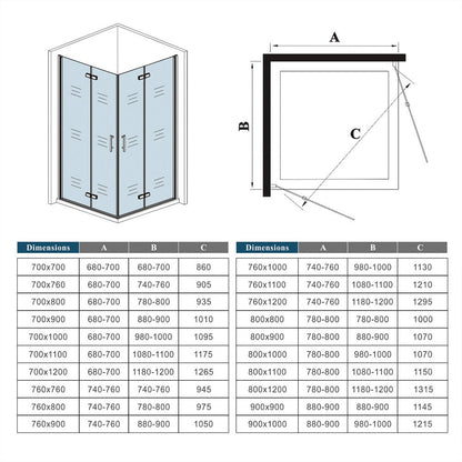 Cabine de douche pliante accès d'angle – schéma et dimensions