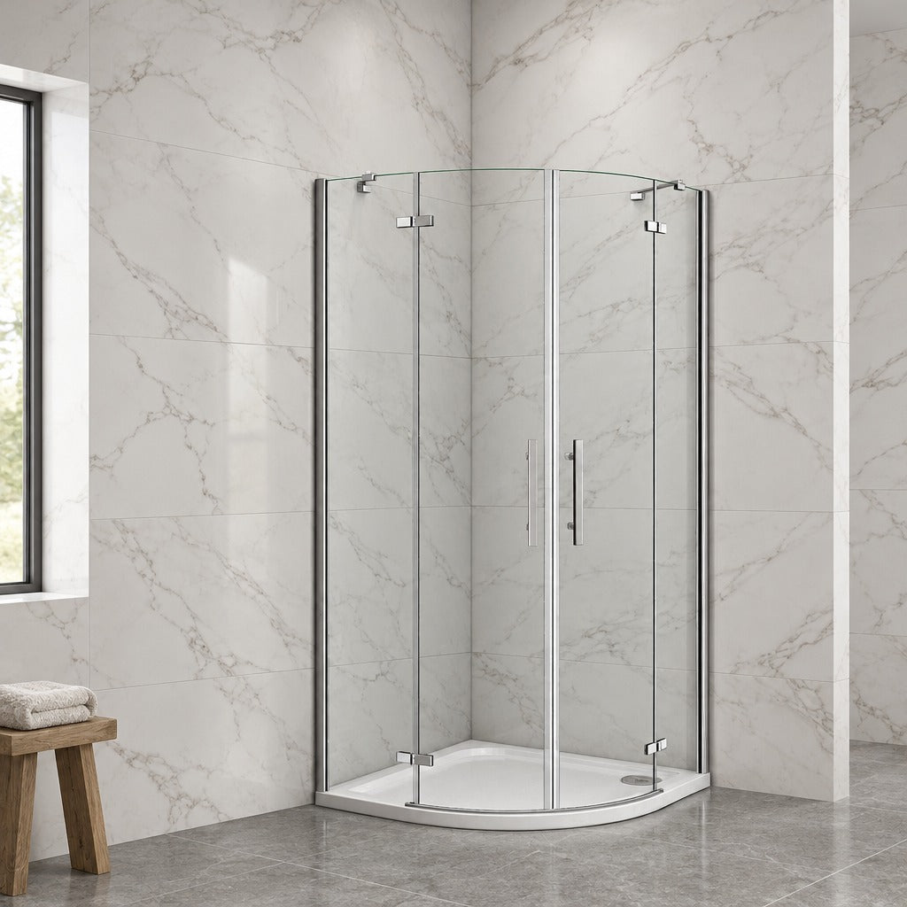 Cabine de douche pivotante quart de cercle – en situation dans une salle de bain