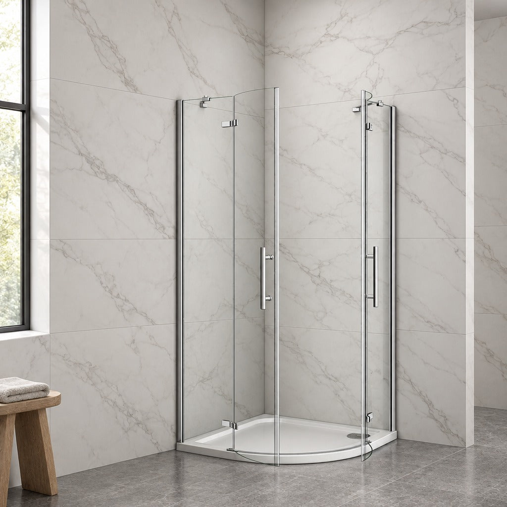 Cabine de douche pivotante quart de cercle – en situation dans une salle de bain