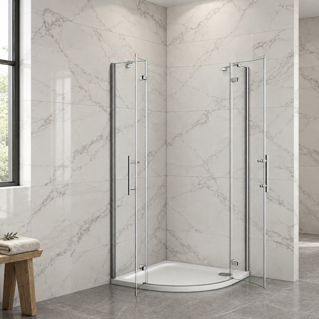 Cabine de douche pivotante quart de cercle – en situation dans une salle de bain