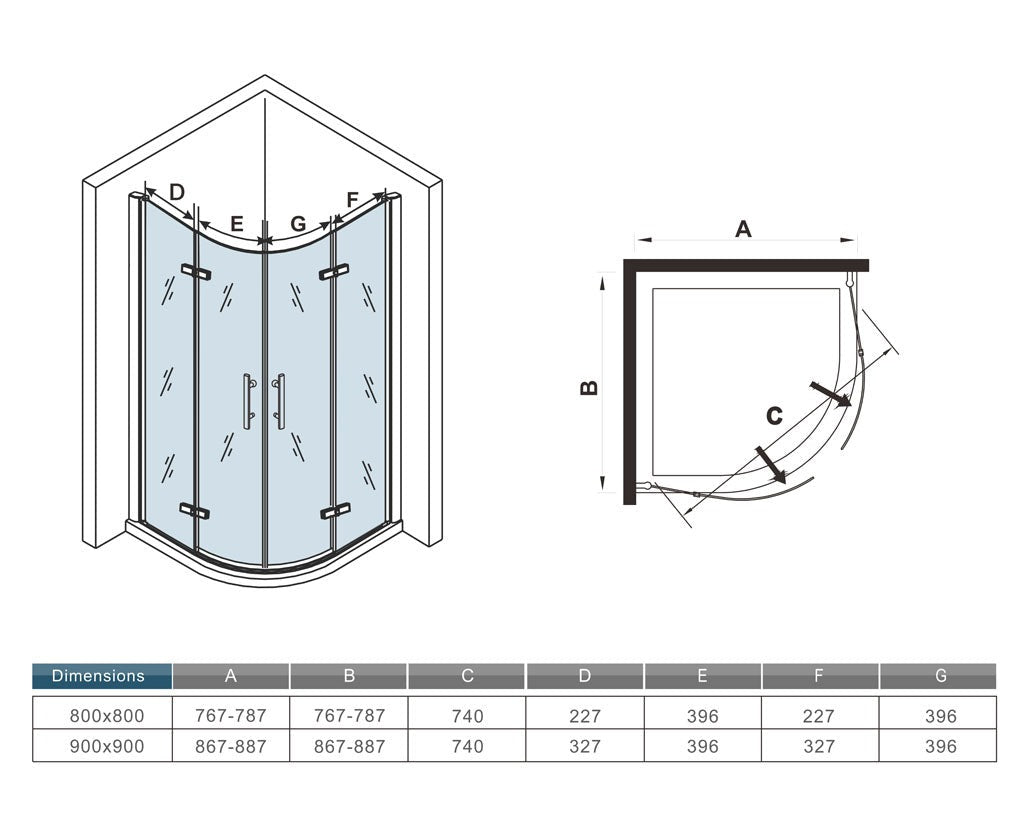 Cabine de douche pivotante quart de cercle – schéma et dimensions