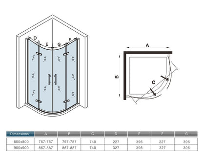 Cabine de douche pivotante quart de cercle – schéma et dimensions