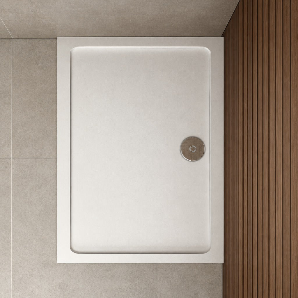 Receveur de douche extra-plat blanc en Solid Surface antidérapant et – en situation dans une salle de bain