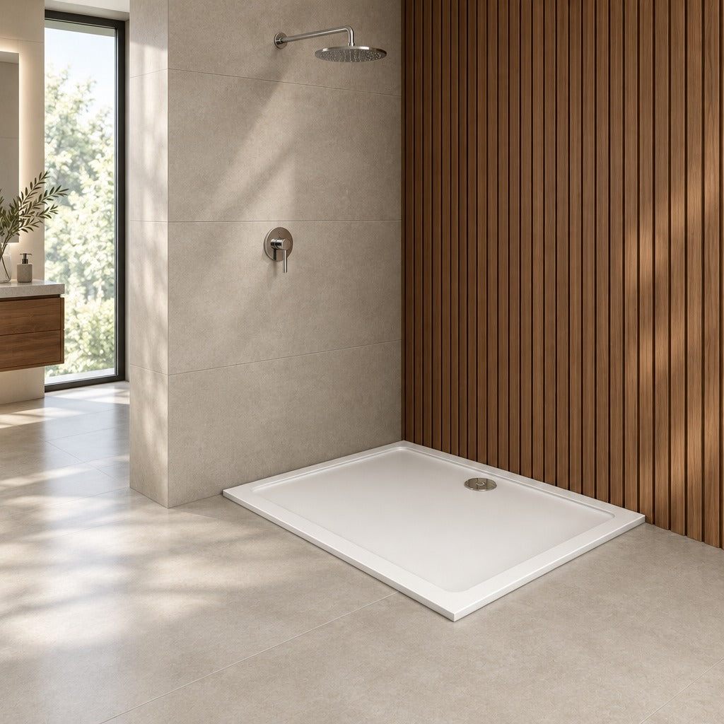 Receveur de douche extra-plat blanc en Solid Surface antidérapant et – installé dans une salle de bain