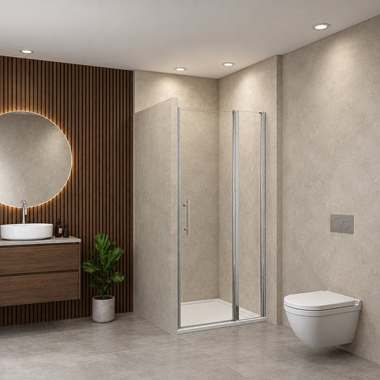 Porte de douche pivotante pour niche – en situation dans une salle de bain