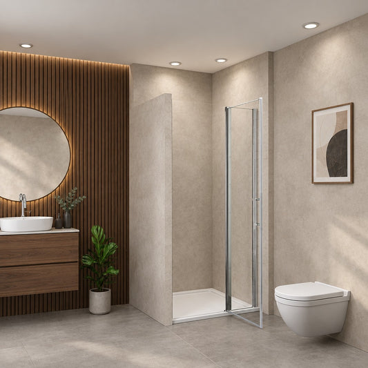 Porte de douche pivotante pour niche – en situation dans une salle de bain