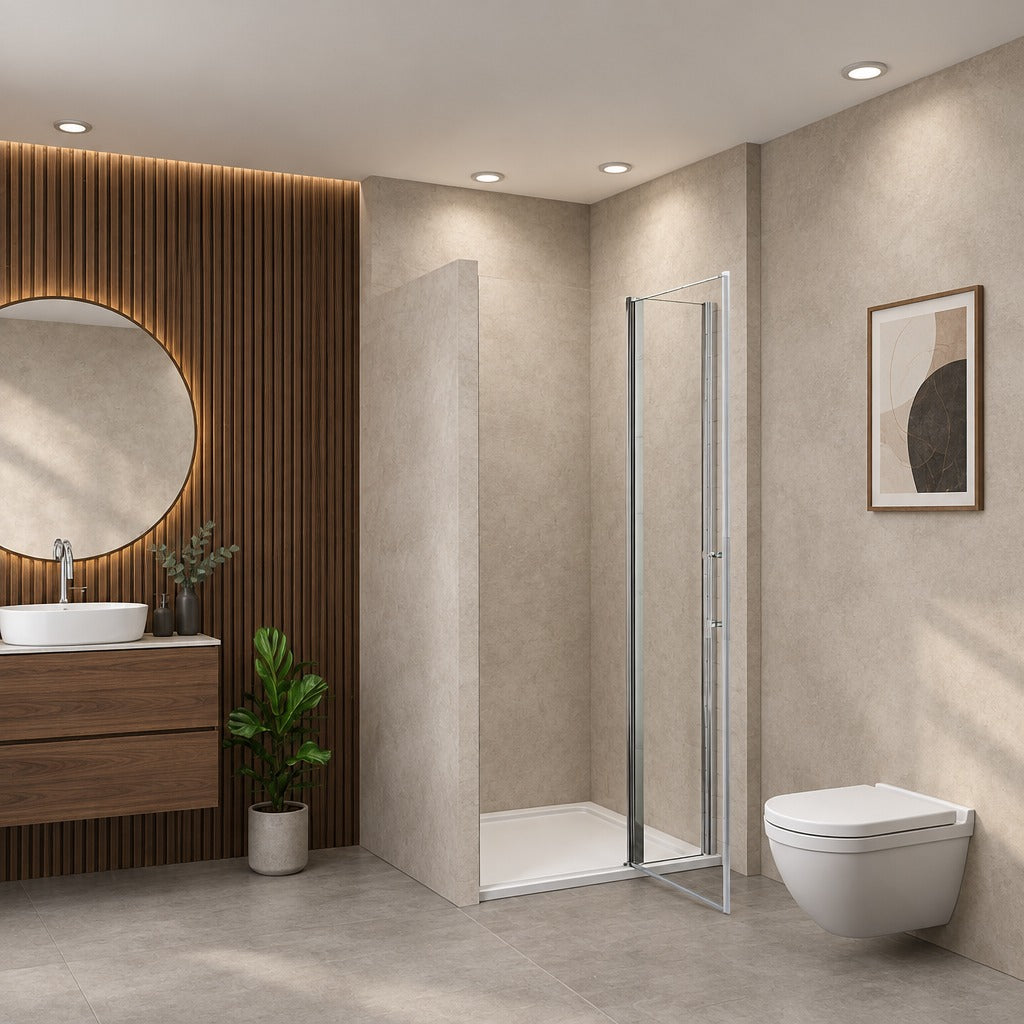 Porte de douche pivotante pour niche – en situation dans une salle de bain