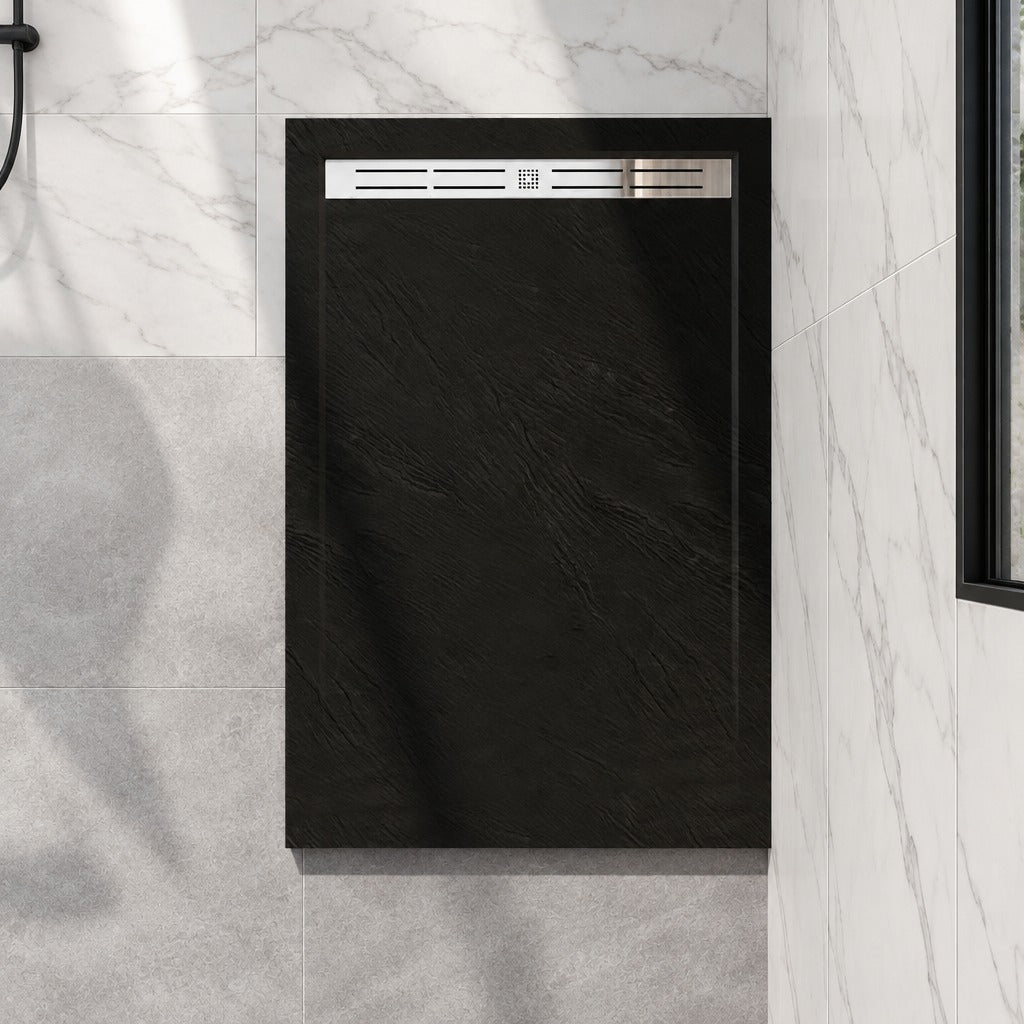 Receveur de douche extra-plat noir anthracite effet ardoise avec – en situation dans une salle de bain