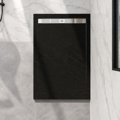 Receveur de douche extra-plat noir anthracite effet ardoise avec – en situation dans une salle de bain