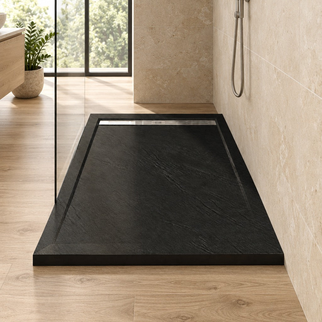 Receveur de douche extra-plat noir anthracite effet ardoise avec – installé dans une salle de bain