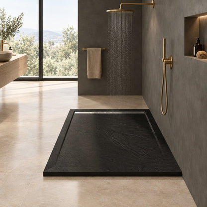 Receveur de douche extra-plat noir anthracite effet ardoise avec – installé dans une salle de bain