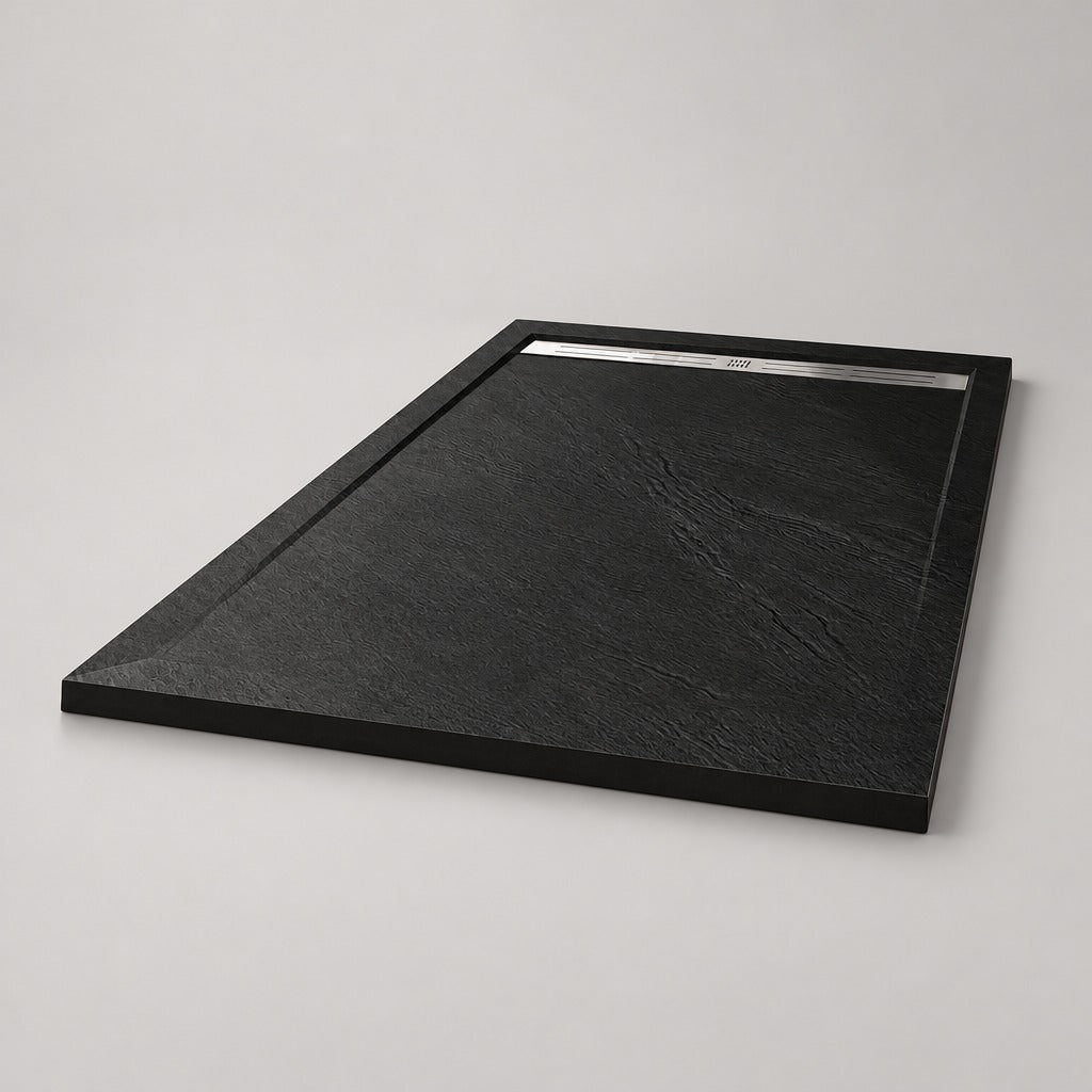 Receveur de douche extra-plat noir anthracite effet ardoise avec – vue produit sur fond blanc
