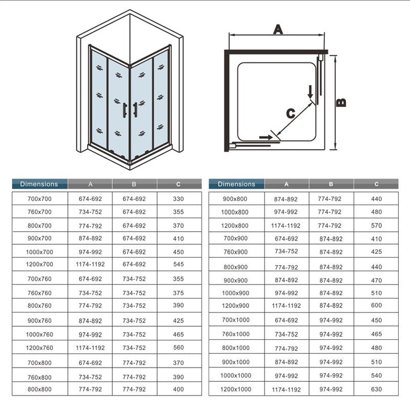 Cabine de douche coulissante accès d'angle – schéma et dimensions