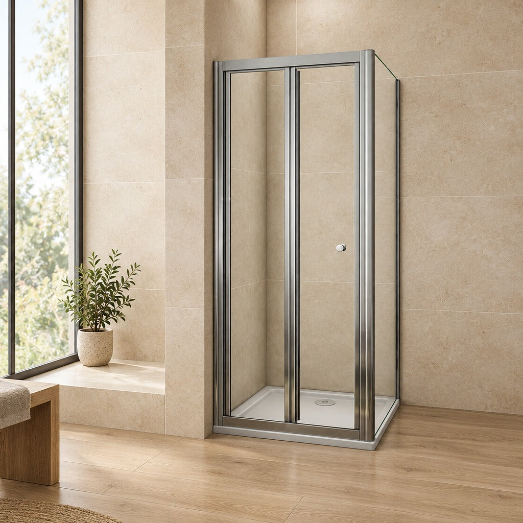 Cabine de douche pliante accès d'angle – en situation dans une salle de bain