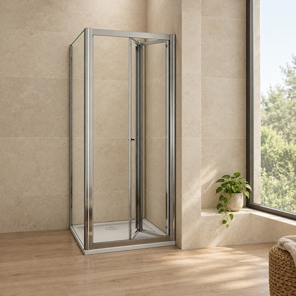 Cabine de douche pliante accès d'angle – en situation dans une salle de bain