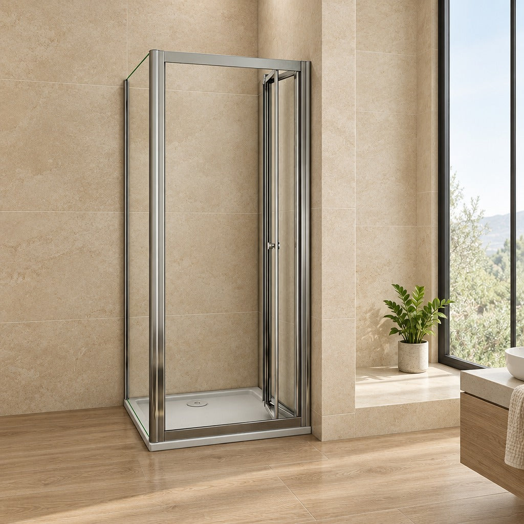 Cabine de douche pliante accès d'angle – en situation dans une salle de bain