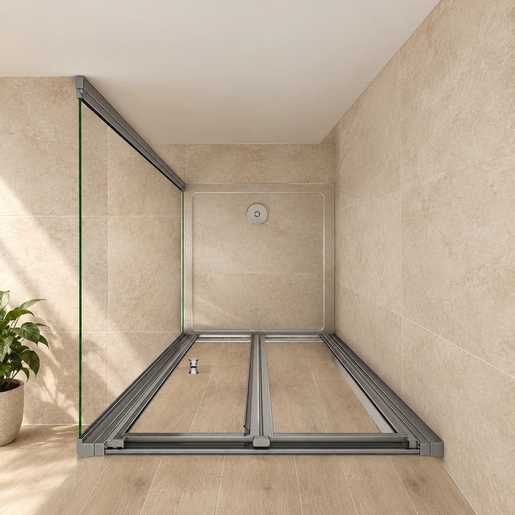 Cabine de douche pliante accès d'angle – en situation dans une salle de bain