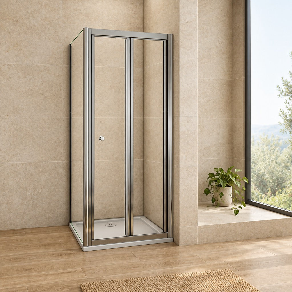 Cabine de douche pliante accès d'angle – en situation dans une salle de bain