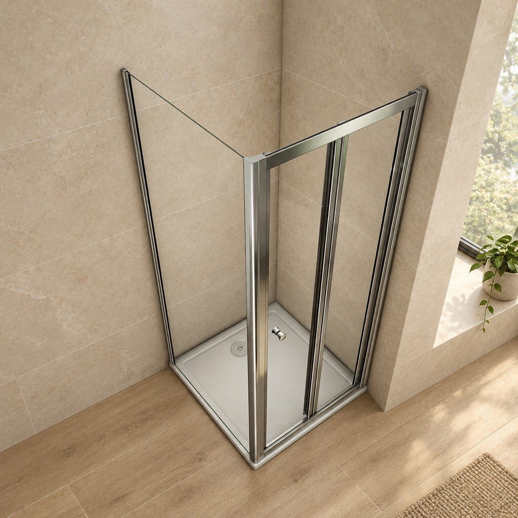 Cabine de douche pliante accès d'angle – en situation dans une salle de bain