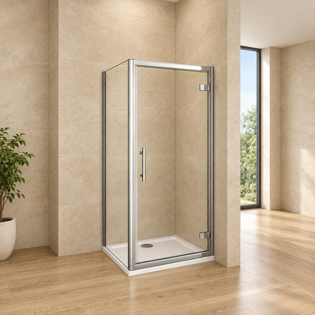 Cabine de douche pivotante accès d'angle – en situation dans une salle de bain