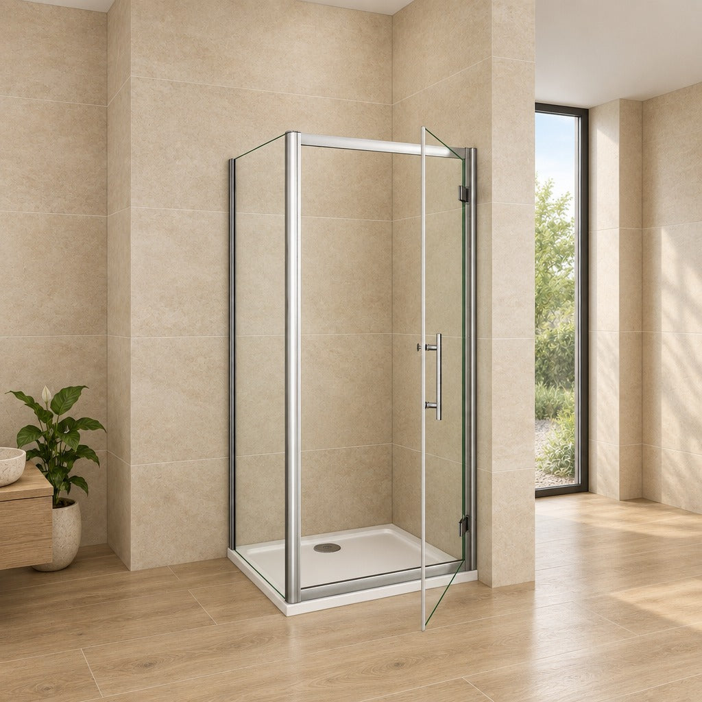 Cabine de douche pivotante accès d'angle – en situation dans une salle de bain