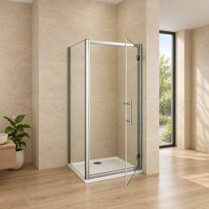 Cabine de douche pivotante accès d'angle – en situation dans une salle de bain