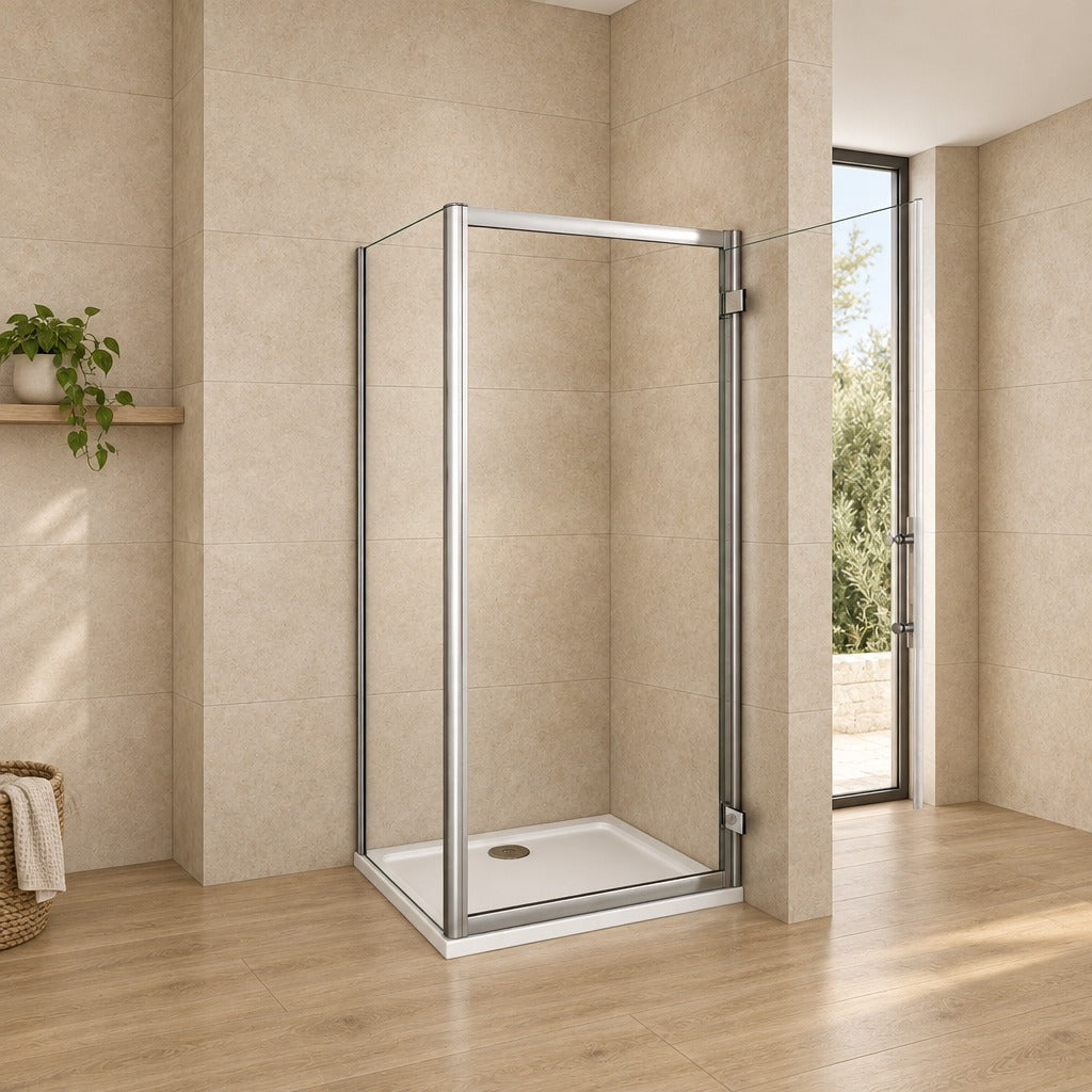 Cabine de douche pivotante accès d'angle – en situation dans une salle de bain