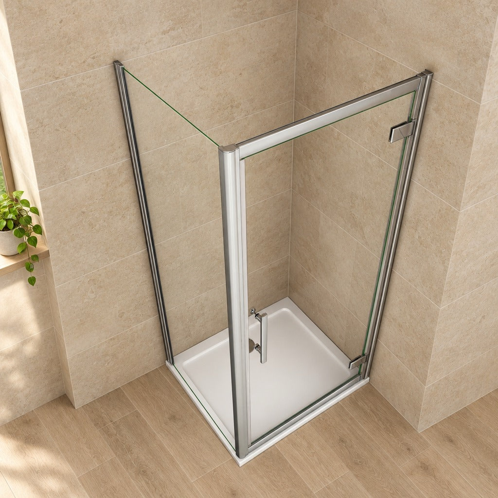 Cabine de douche pivotante accès d'angle – en situation dans une salle de bain