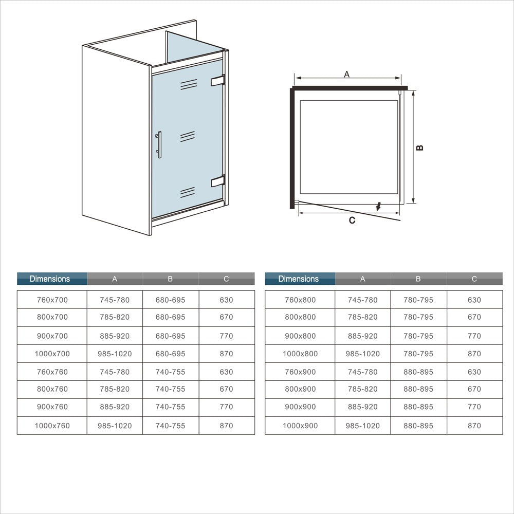 Cabine de douche pivotante accès d'angle – schéma et dimensions