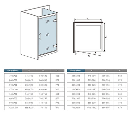Cabine de douche pivotante accès d'angle – schéma et dimensions