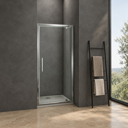 Porte de douche pivotante avec paroi fixe pour niche – en situation dans une salle de bain
